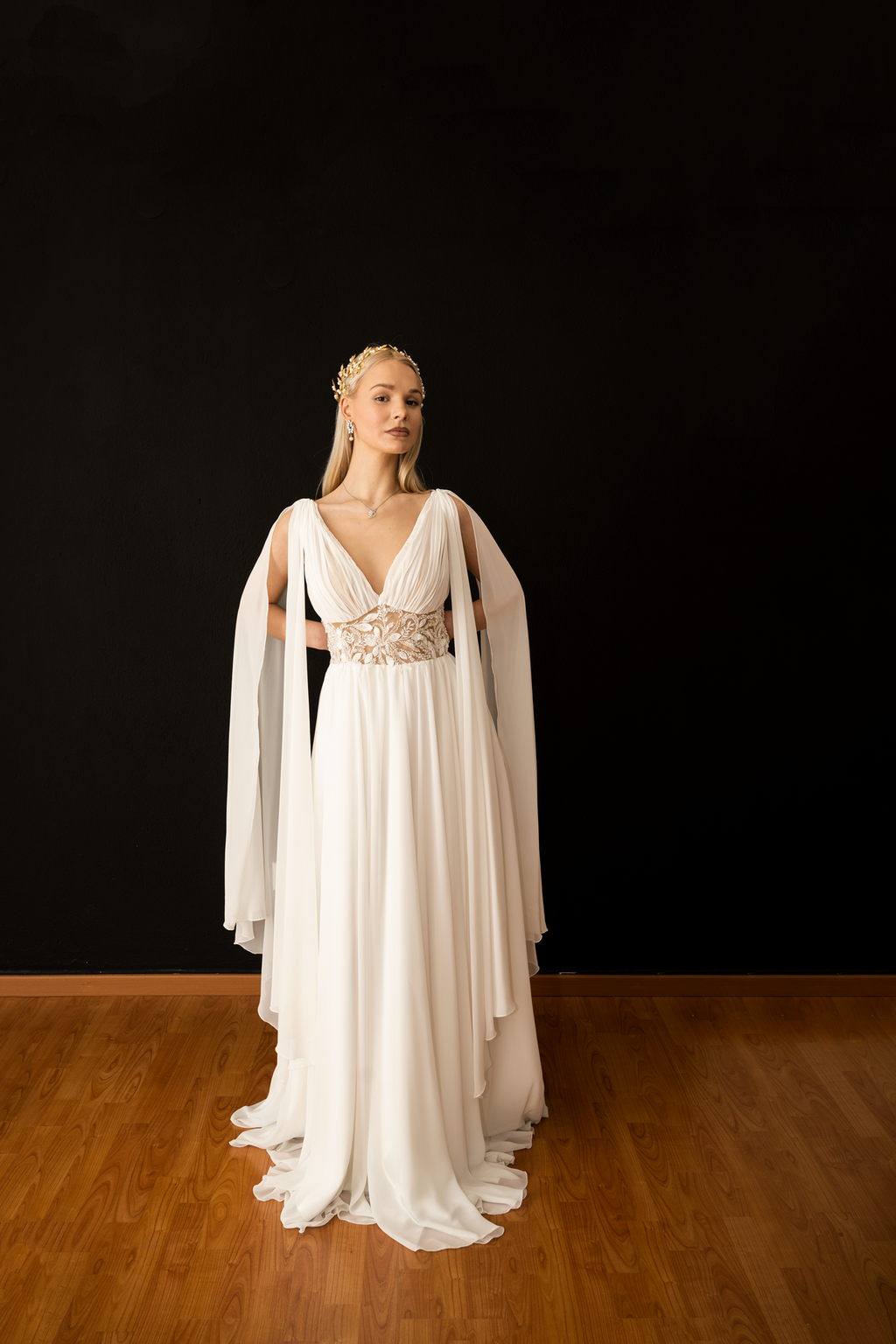 Sara – Greek-Style Chiffon Column Wedding Dress with Beaded Lace Corset