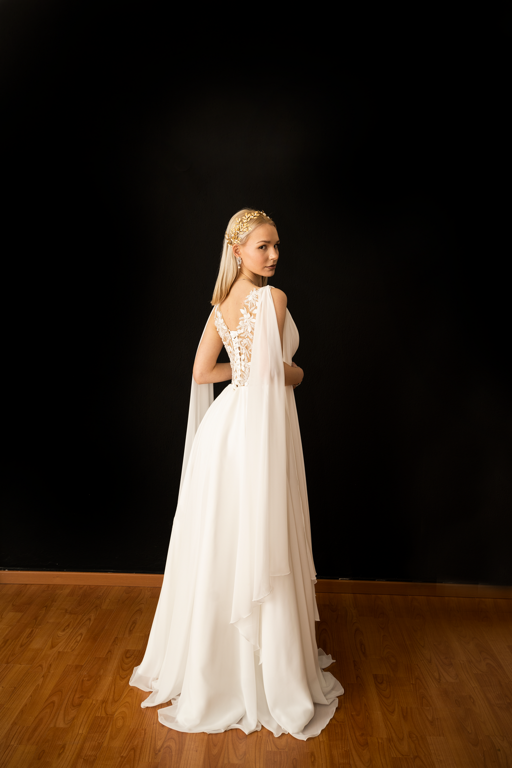 Sara – Greek-Style Chiffon Column Wedding Dress with Beaded Lace Corset