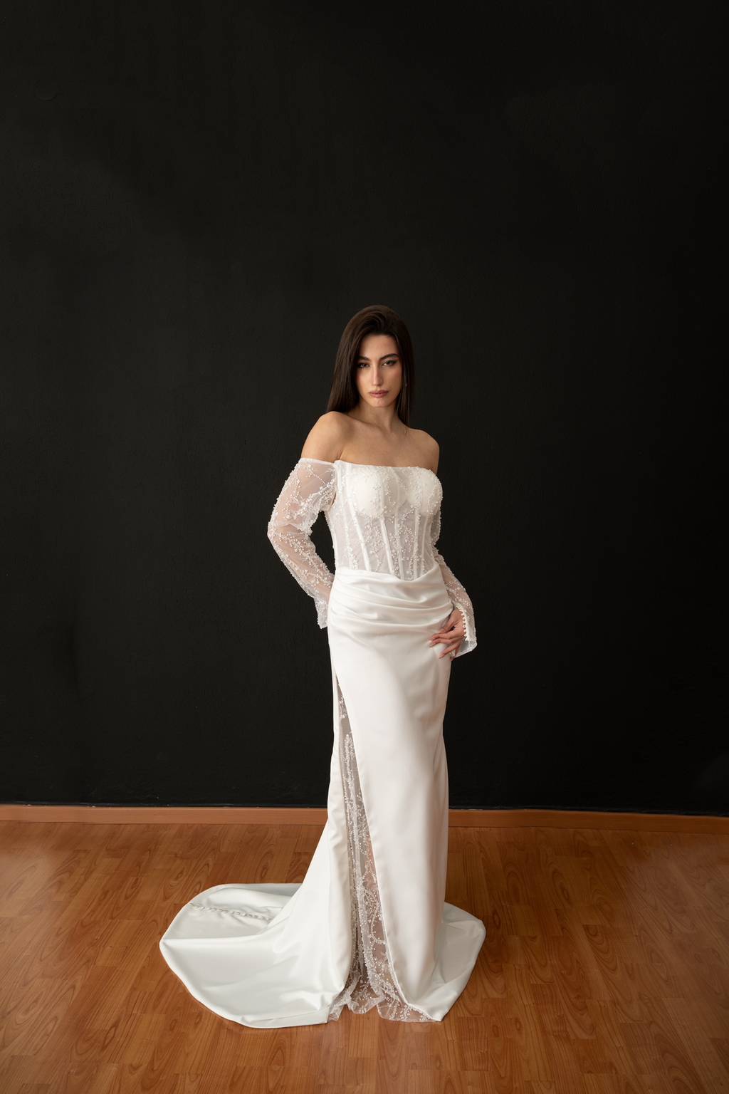Alina – Draped Satin & Lace Bridal Gown with Leg Slit