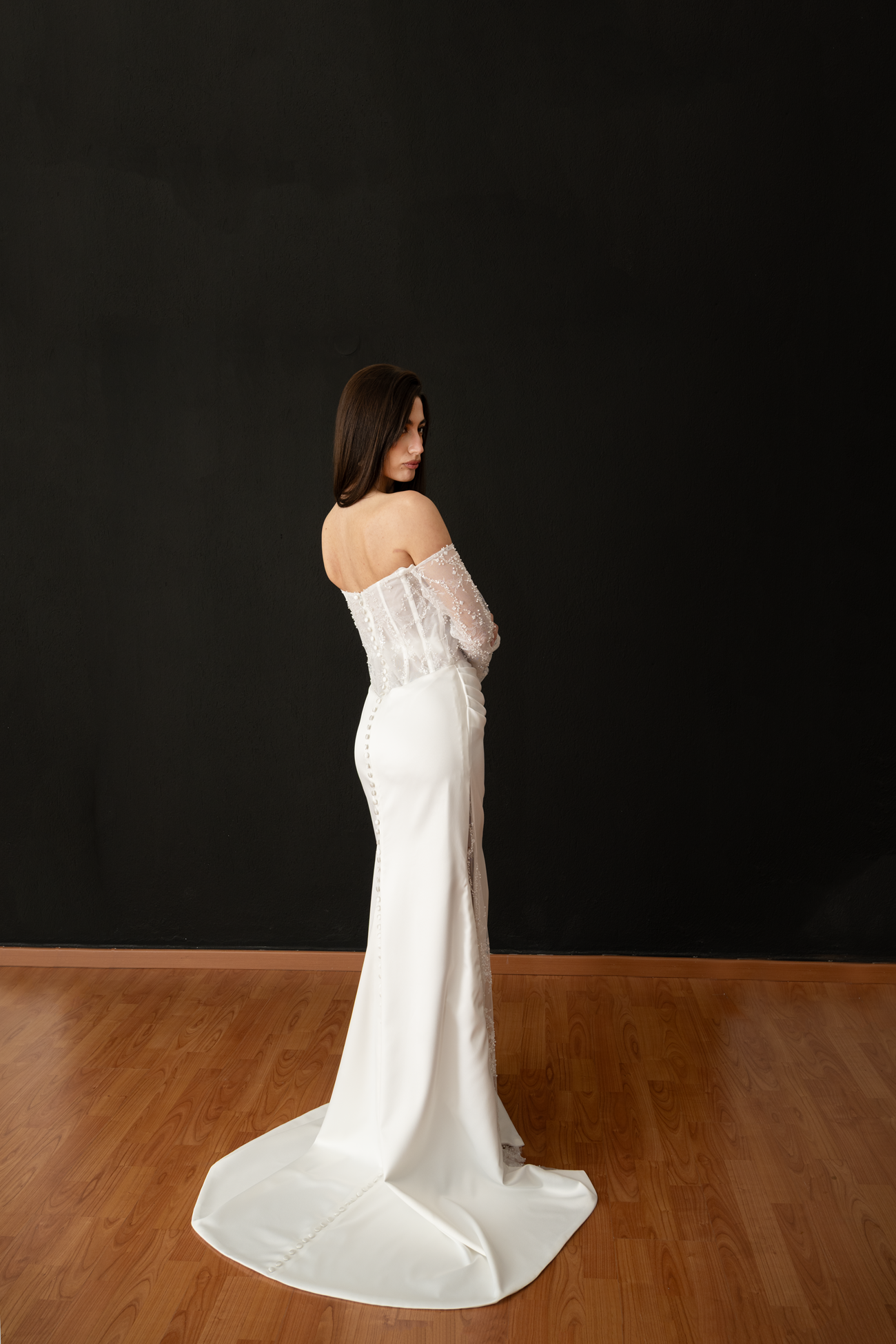 Alina – Draped Satin & Lace Bridal Gown with Leg Slit